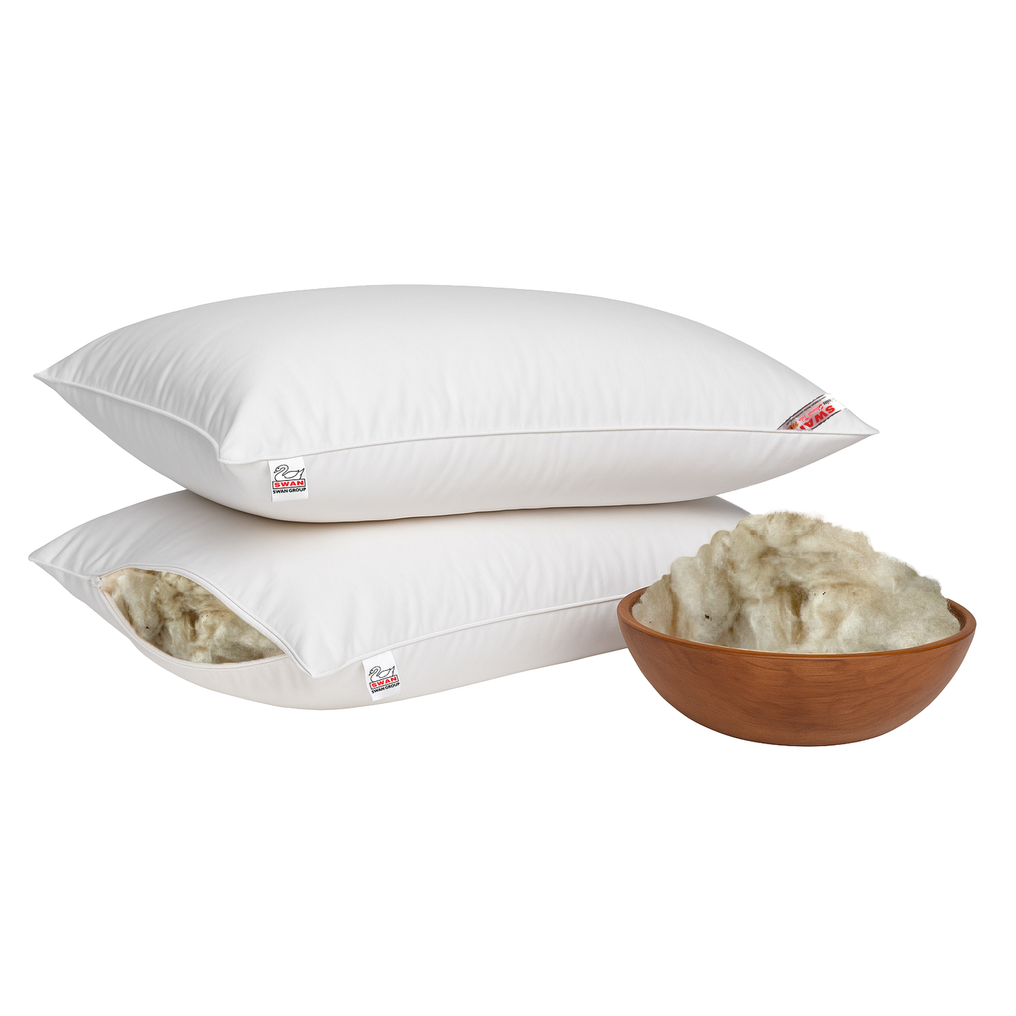 Two white swan shimul tula pillows with a bowl of shimul tula on a white background