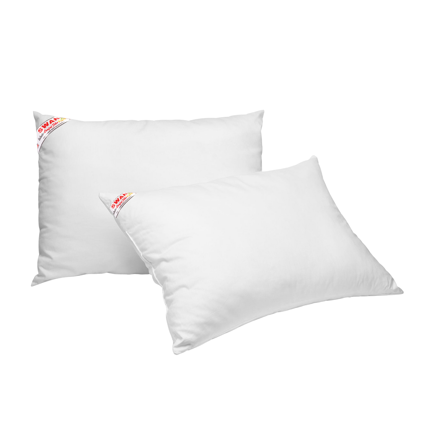 Two white pillows with brand labels on a white background