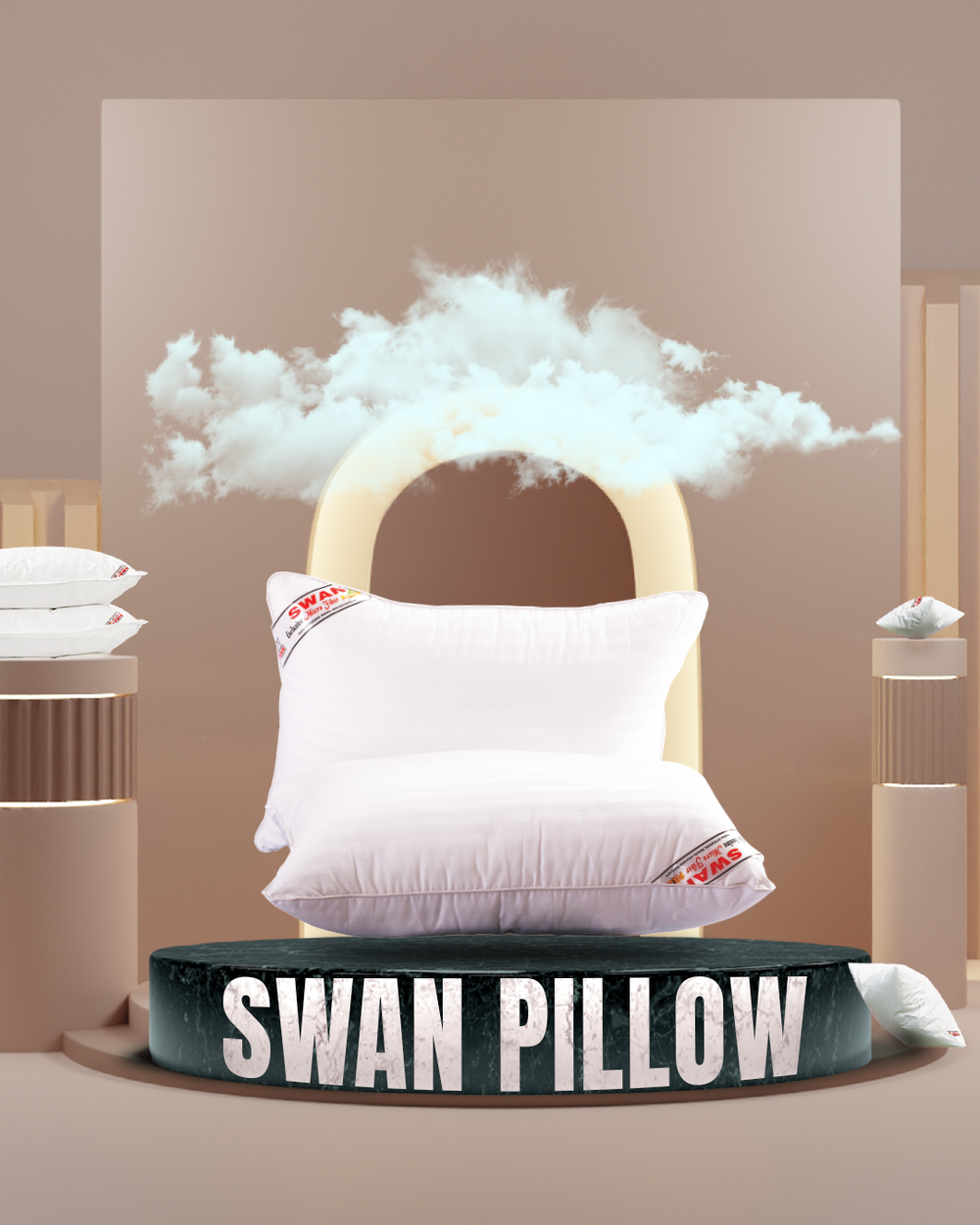 White pillow with visible brand label on a stand labeled 'Swan Pillow' against a neutral background.