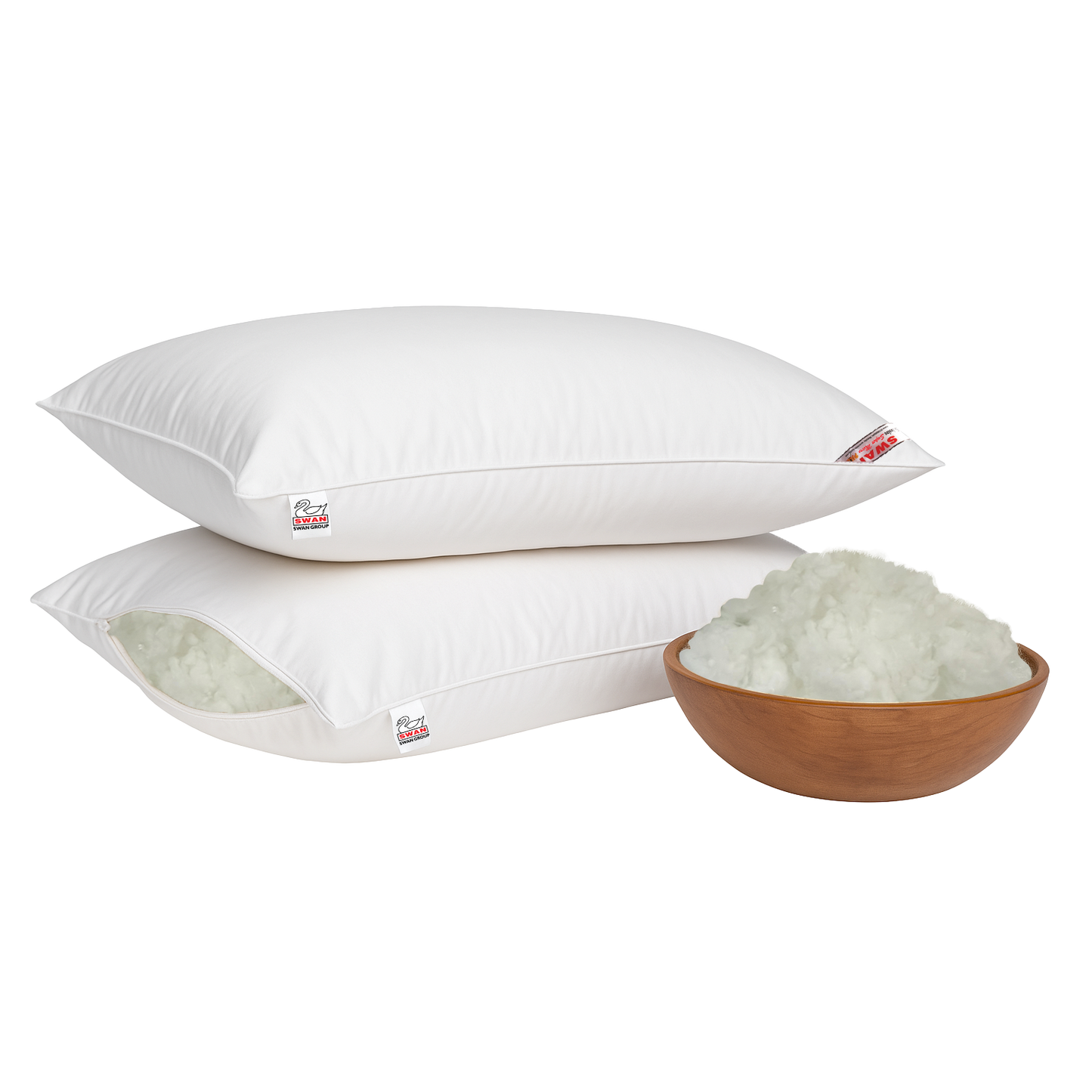 Two white super micro fiber pillows with a bowl of white super micro fiber on a white background