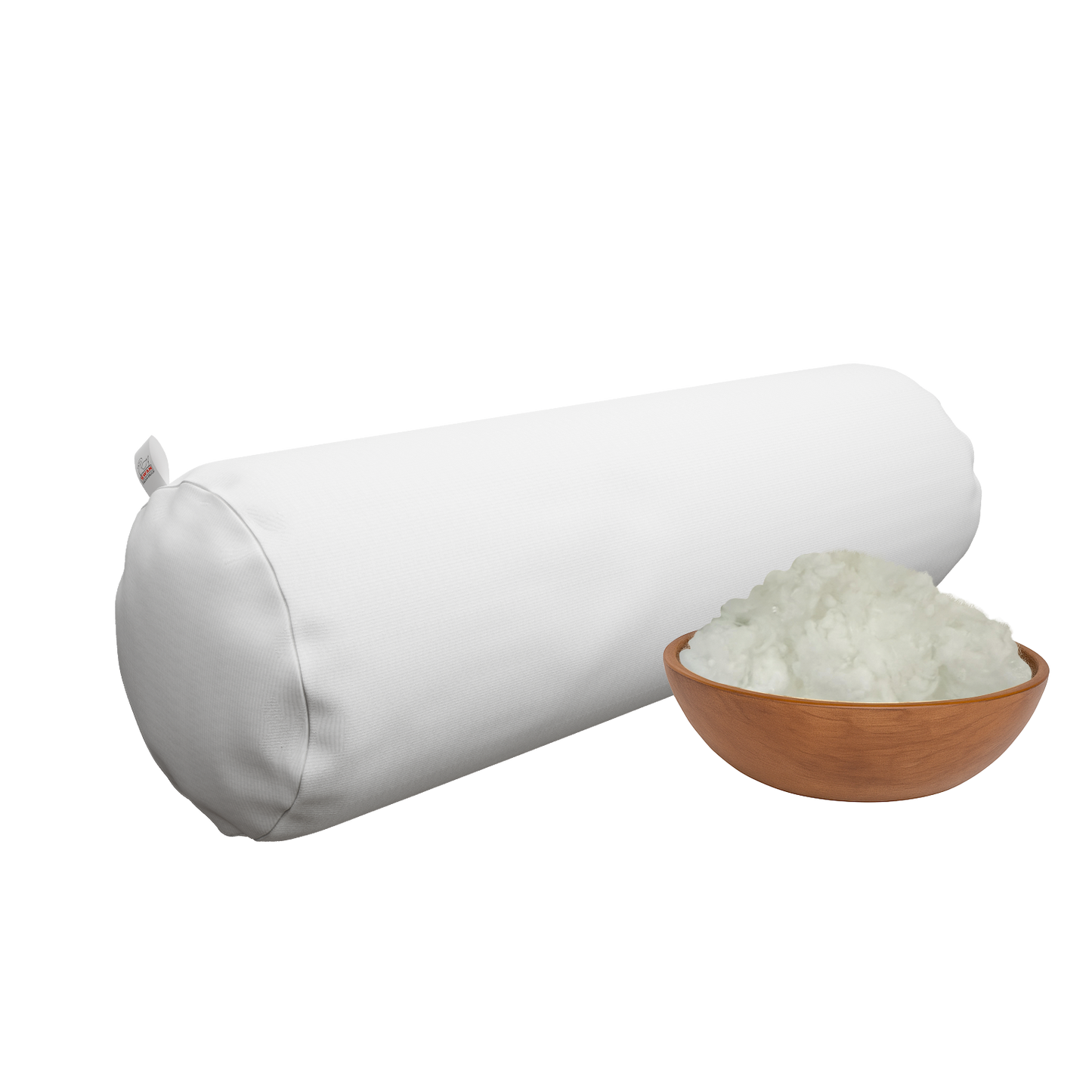 White side pillow next to a wooden bowl filled with shimul tula on a white background