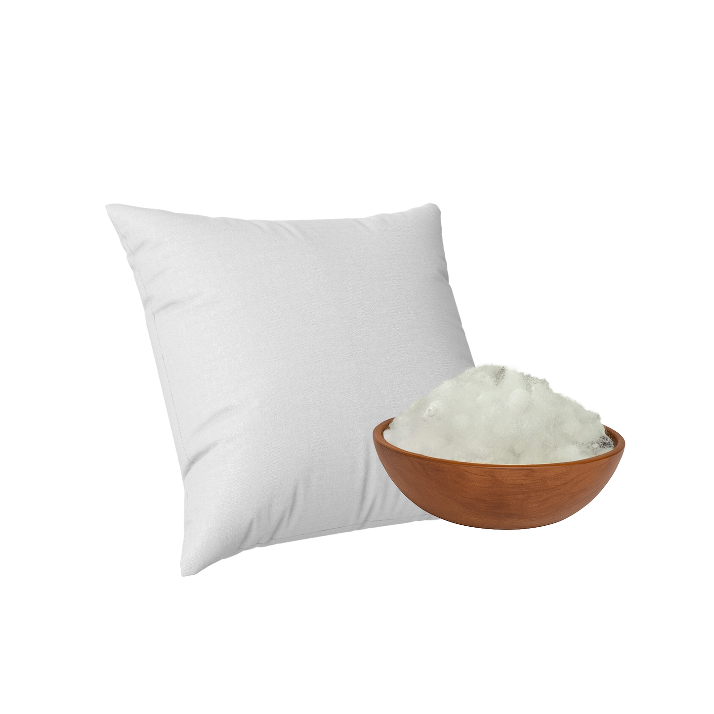 White pillow next to a wooden bowl filled with Shimul tula on a white background