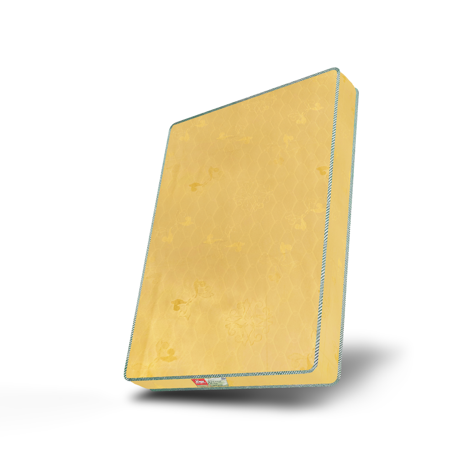 Gold color fabric Mattress with textured surface on a white background