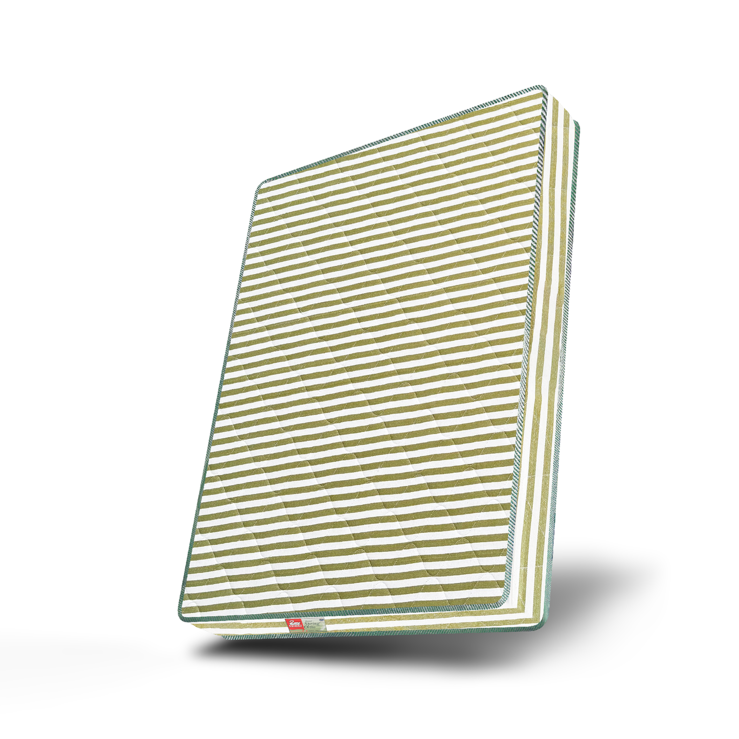 Mattress with green and white striped cover on a white background