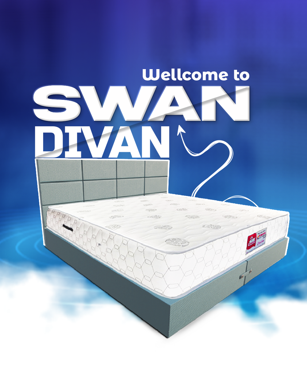 Mattress with 'Swan Divan' branding on a blue background