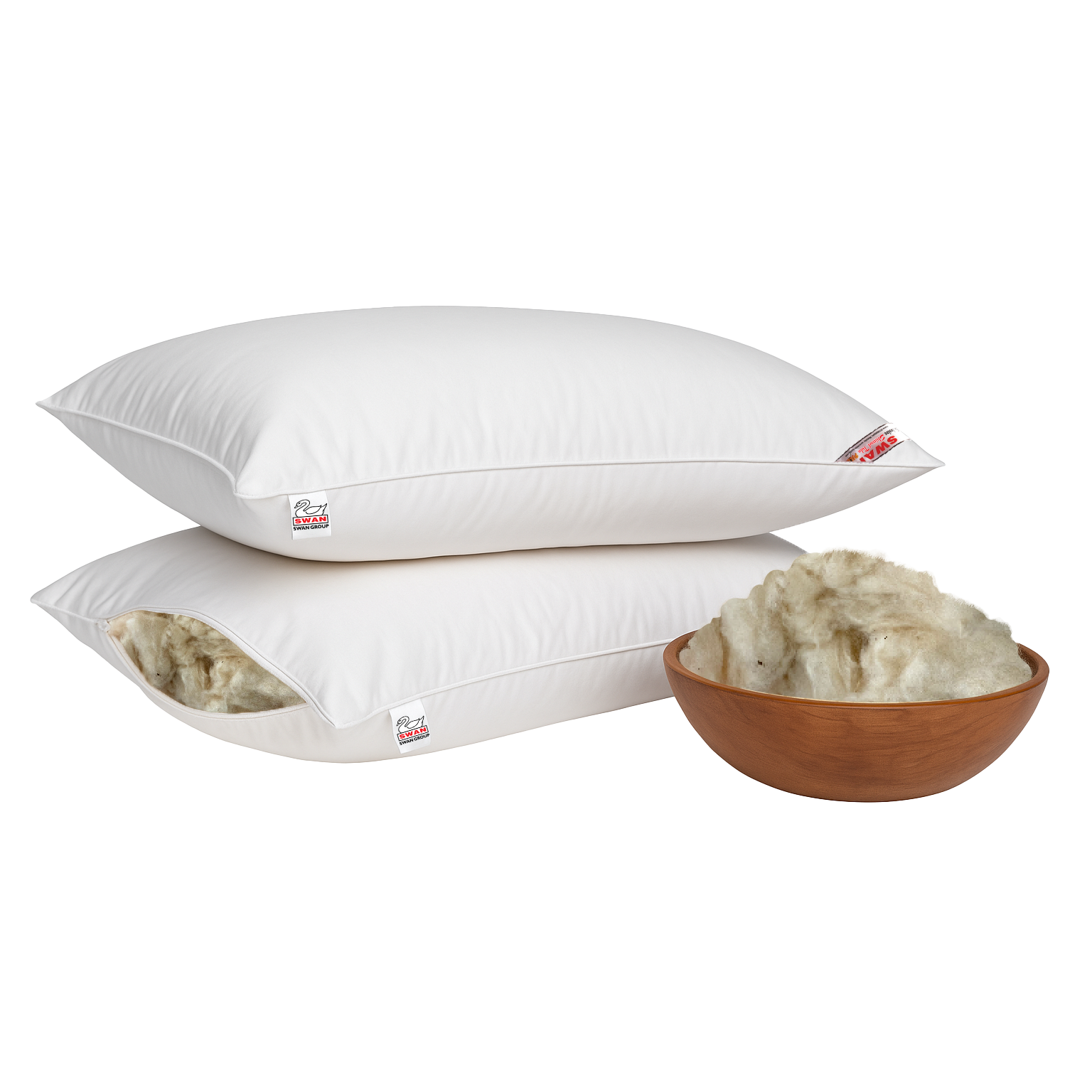 Two white swan shimul tula pillows with a bowl of shimul tula on a white background