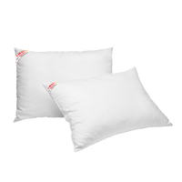 Two white pillows with brand labels on a white background