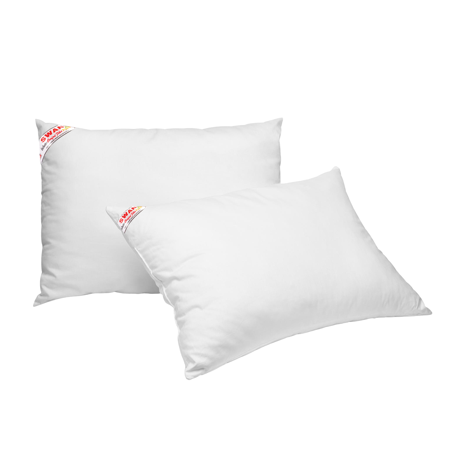 Two white pillows with brand labels on a white background