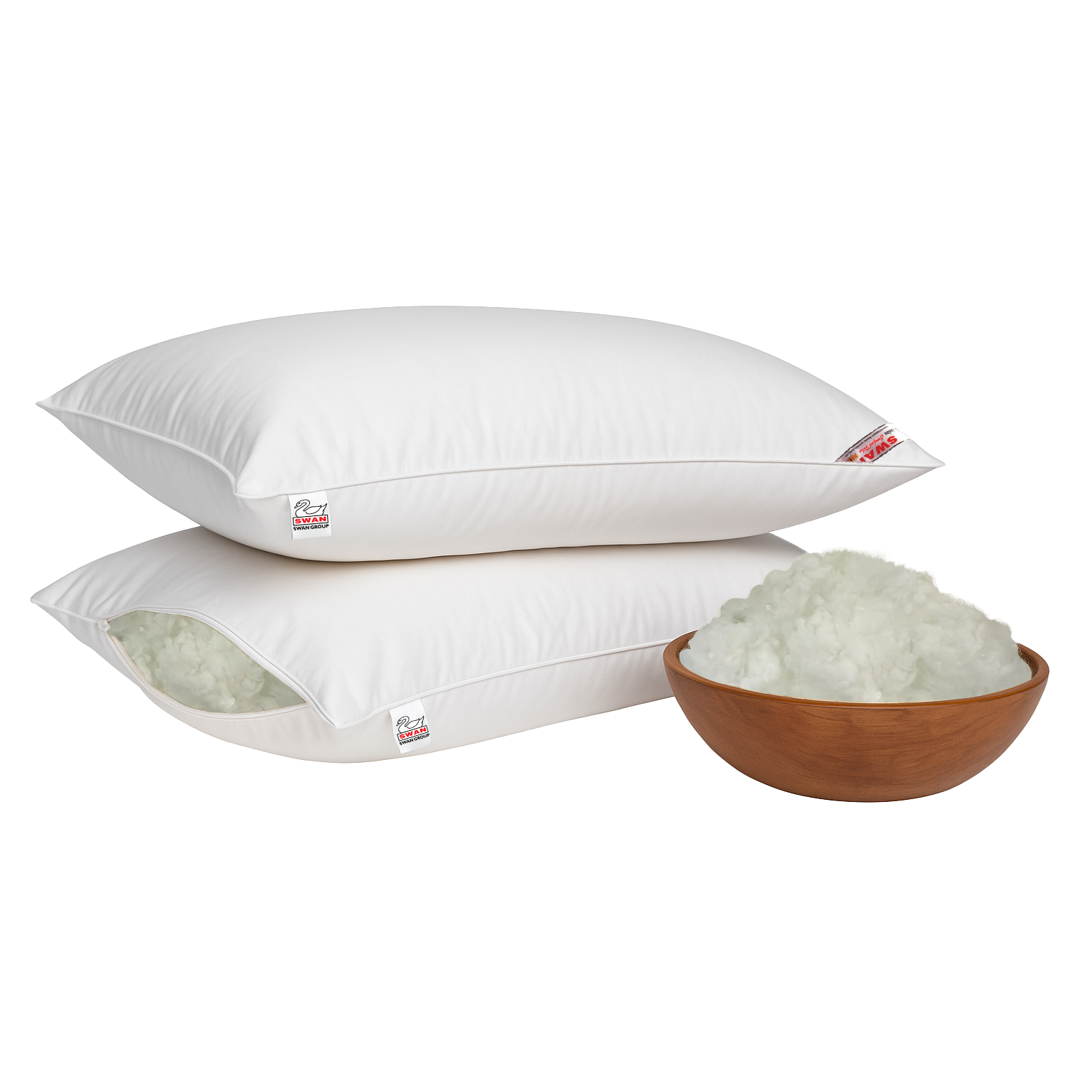 Two white pillows with a bowl of white tula on a white background
