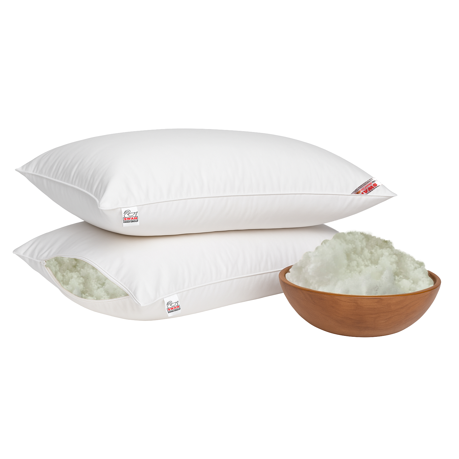 Two white exclusive micro fiber pillows with a bowl of white color exclusive micro fiber on a white background