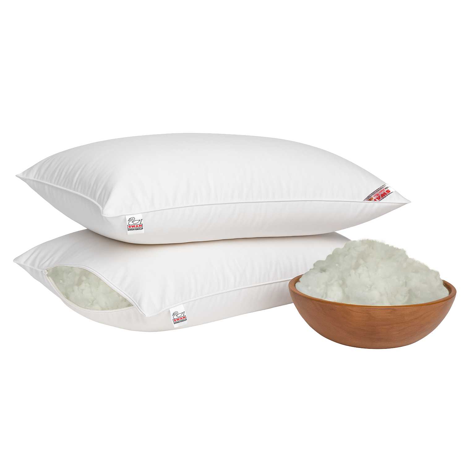 Two white super micro fiber pillows with a bowl of white super micro fiber on a white background