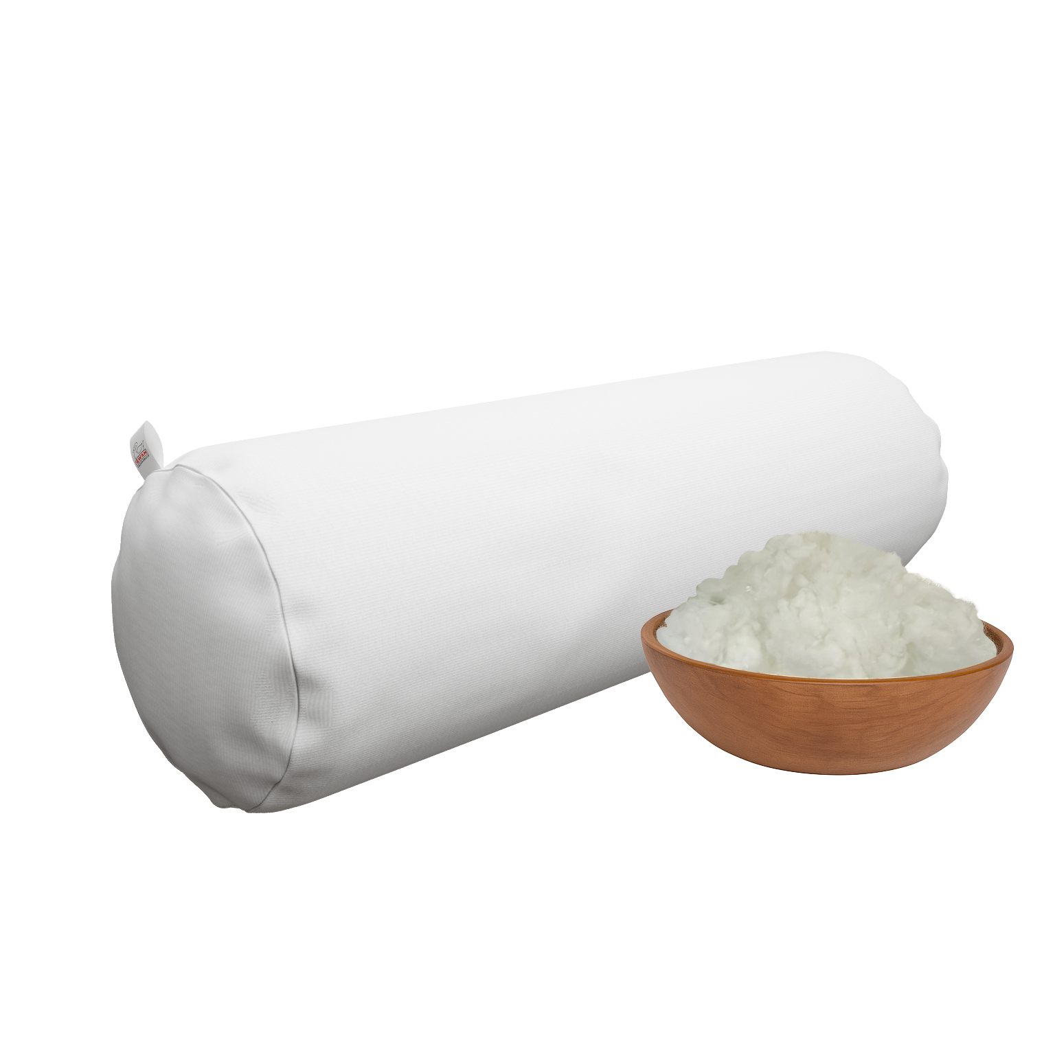 White side pillow next to a wooden bowl filled with shimul tula on a white background