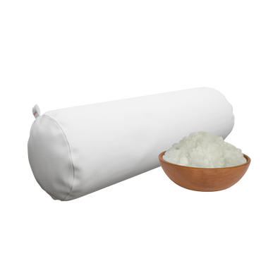 White side pillow next to a wooden bowl filled with shimul tula on a white background