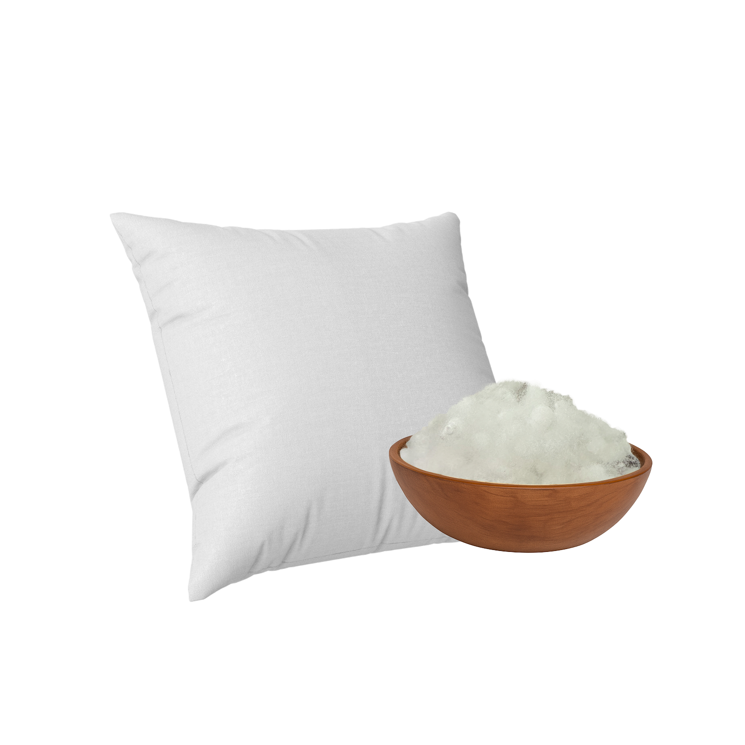 White pillow next to a wooden bowl filled with Shimul tula on a white background
