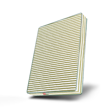 Mattress with green and white striped cover on a white background