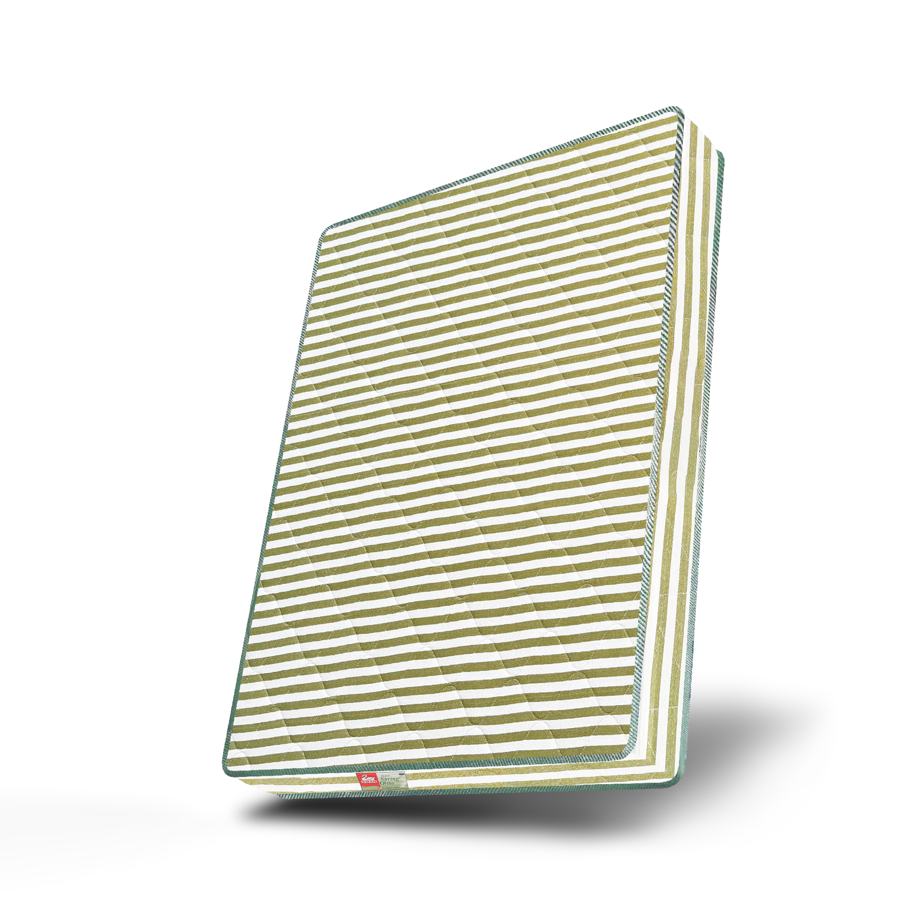 Mattress with green and white striped cover on a white background