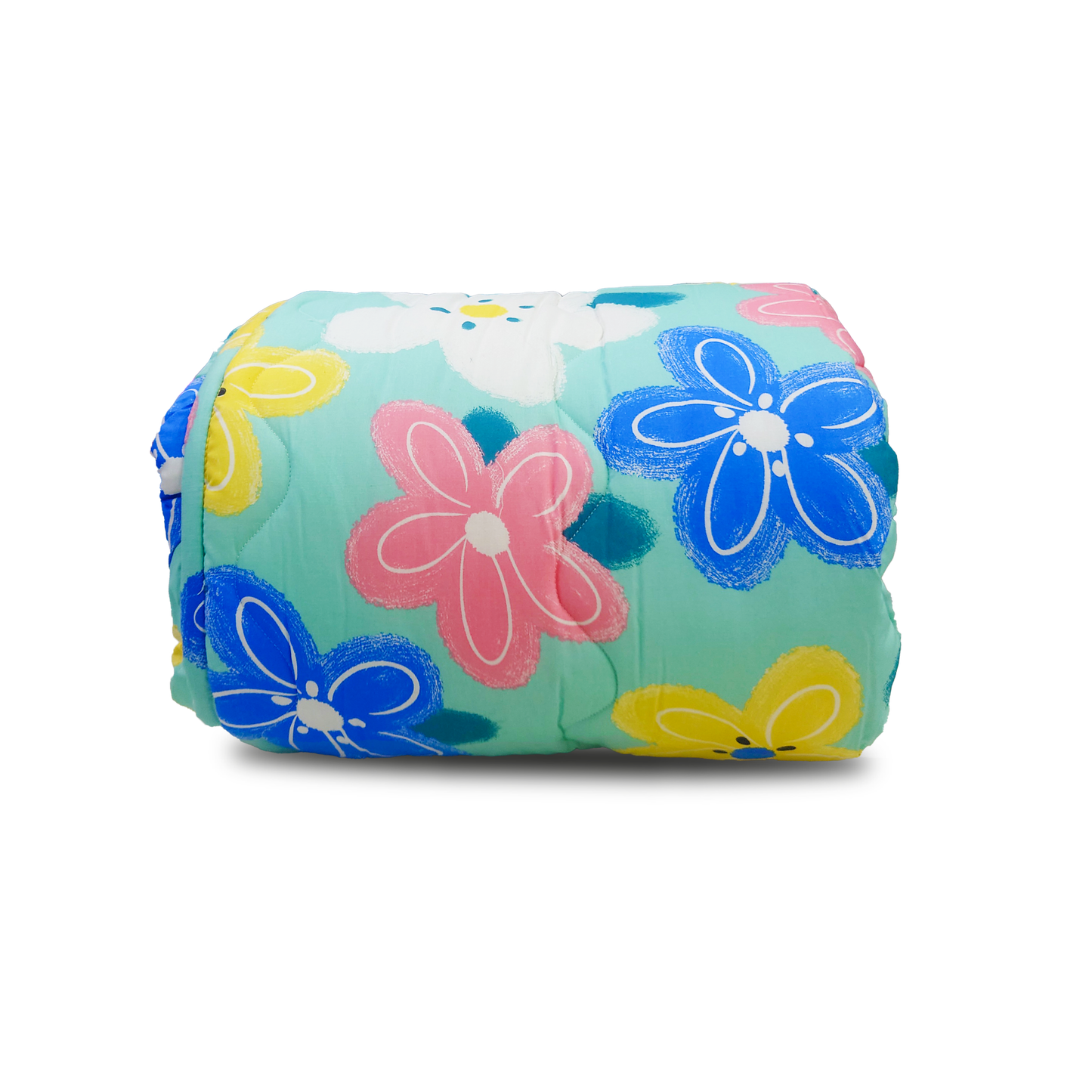 Colorful comforter with floral designs on a white background