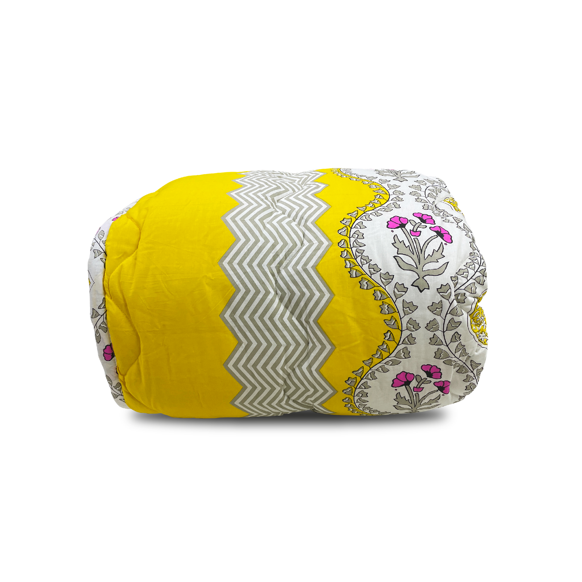 Decorative cylindrical pillow with yellow, gray, and floral pattern on a white background