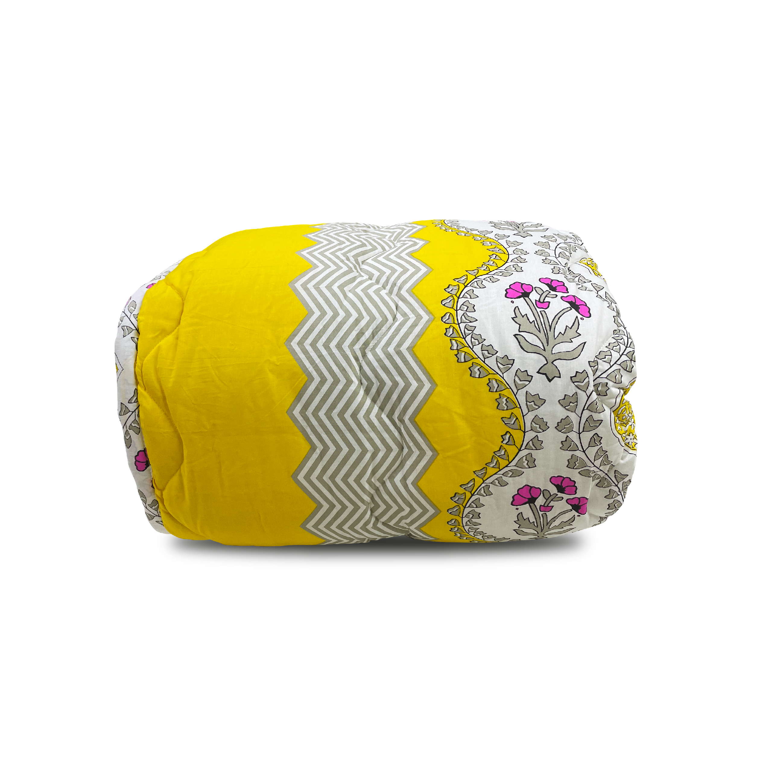 Decorative cylindrical pillow with yellow, gray, and floral pattern on a white background