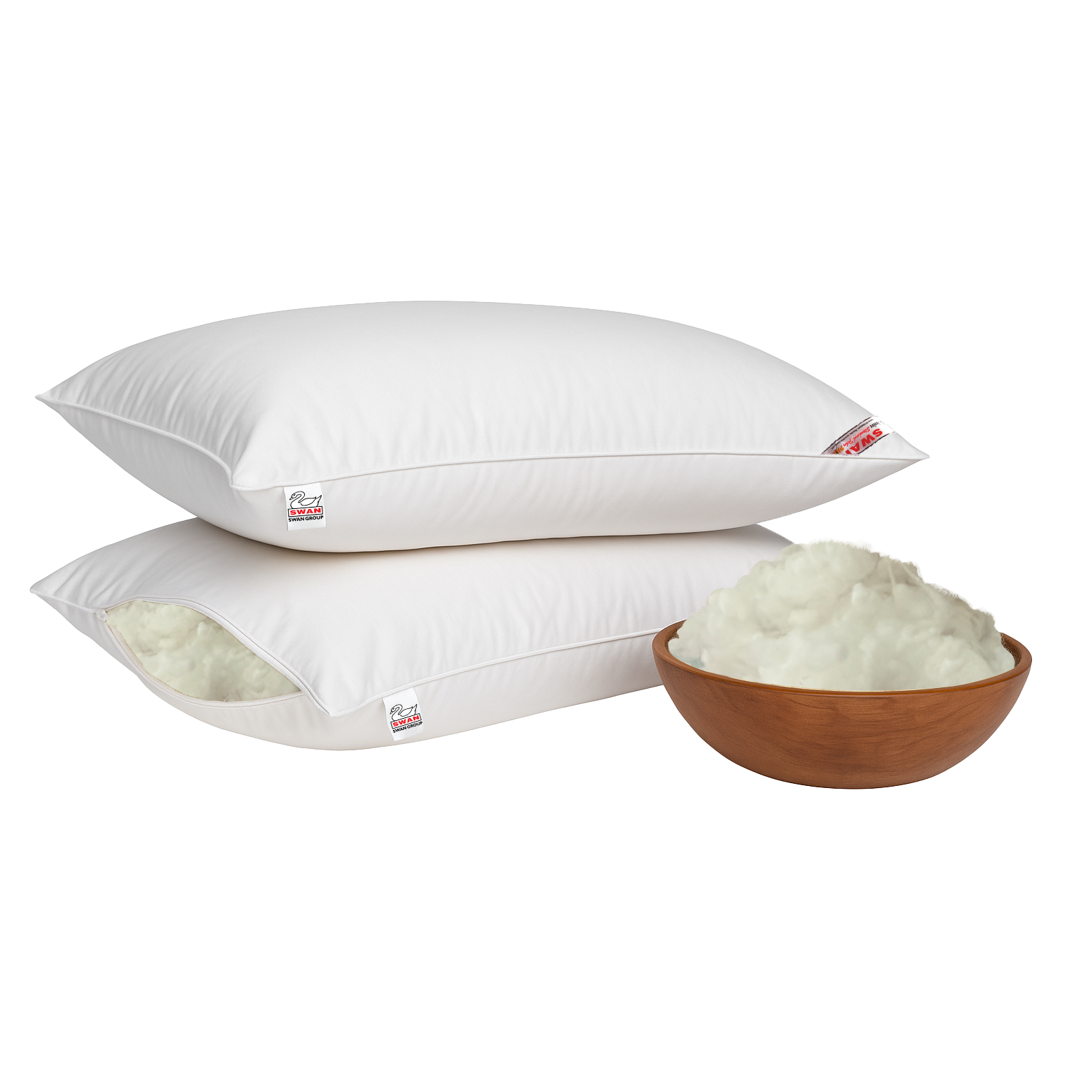 Two white Standard Back Support Fiber pillows stacked with a bowl of Standard Back Support Fiber  on a white background