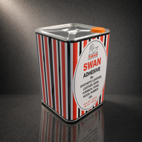 A square metal tin of SWAN Synthetic Leather, Leather Kess, Formica, Foam, Wood, and Rubber Adhesive, featuring a red, black, and white striped pattern with a white oval label and an orange cap, set against a dark gray reflective background.