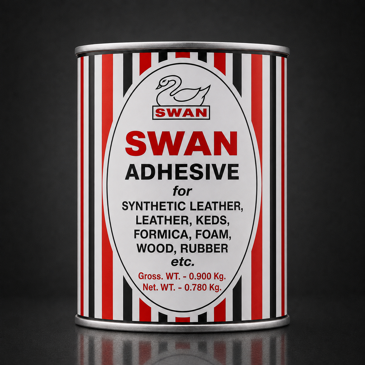 A cylindrical metal can of Swan Adhesive for synthetic leather, leather, Keds, formica, foam, wood, and rubber, featuring a red, black, and white striped design with a central white oval logo.