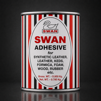 A cylindrical metal can of Swan Adhesive for synthetic leather, leather, Keds, formica, foam, wood, and rubber, featuring a red, black, and white striped design with a central white oval logo.